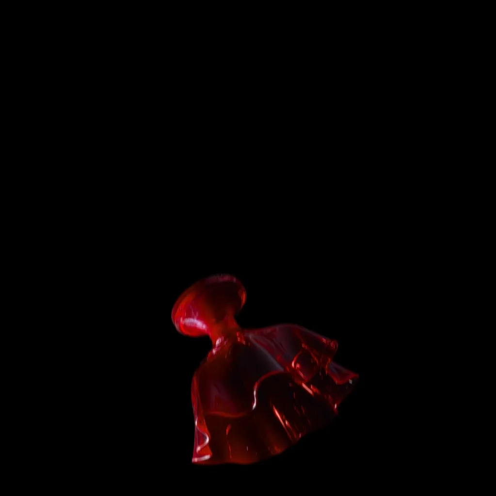 A rippled blood-red glass form glowing in near darkness